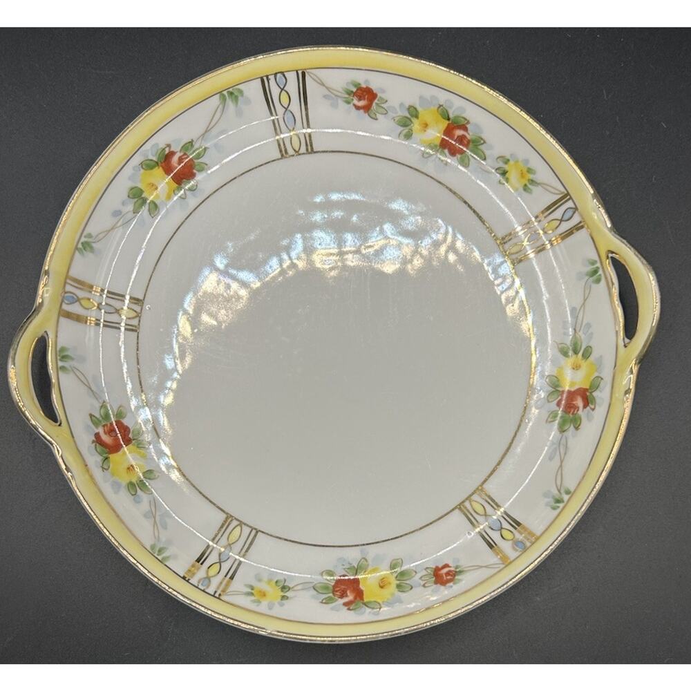 Vintage Hand Painted Butter Pat Nippon Double Handle Floral Yellow Pastel